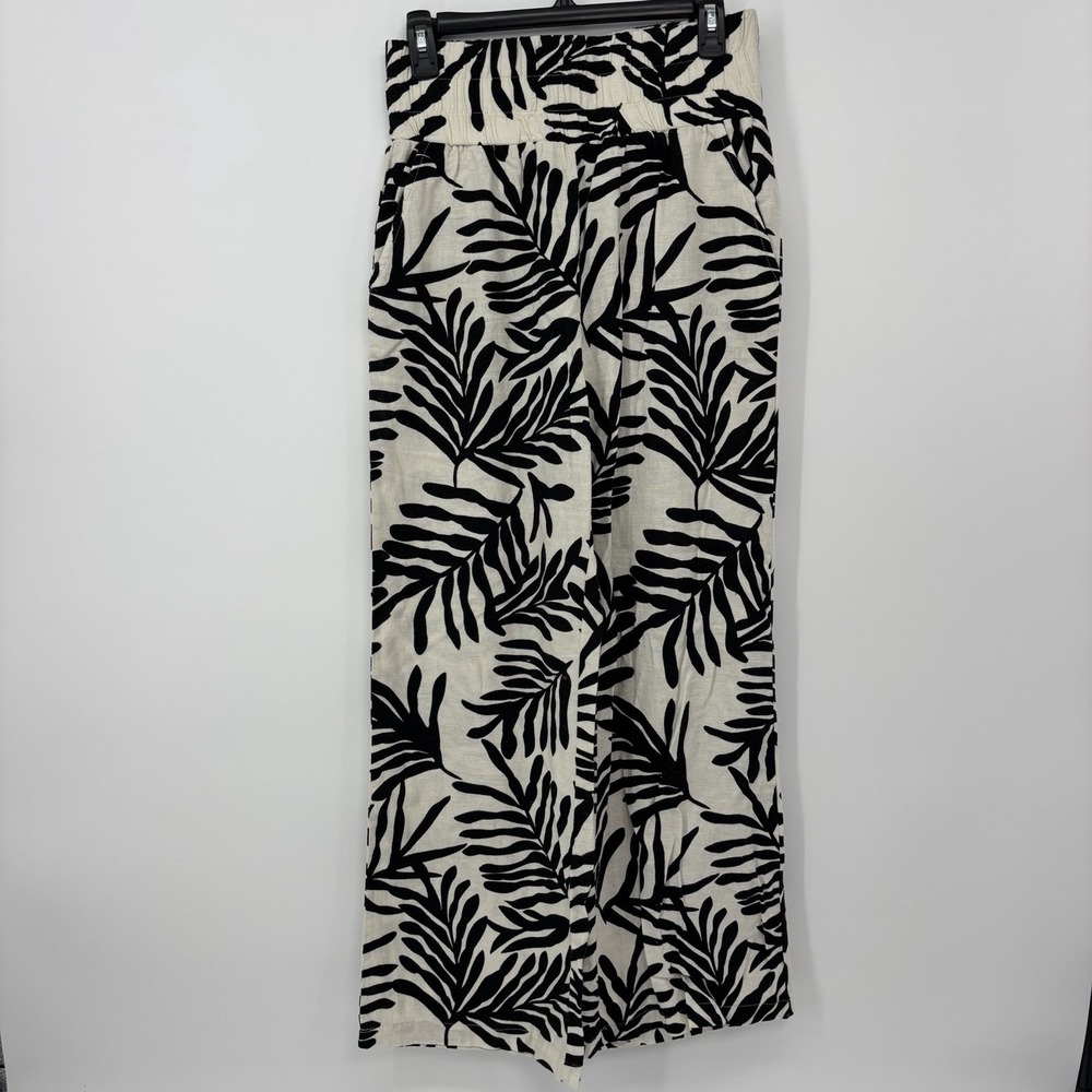 H/G Linen Blend Topical Pants Straight Leg High Rise Black Cream Women's Medium